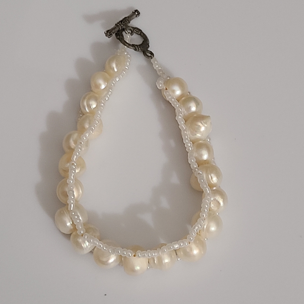 Vintage Natural Pearl Bracelet 925 Toggle Potato Pearl Beaded Estate
